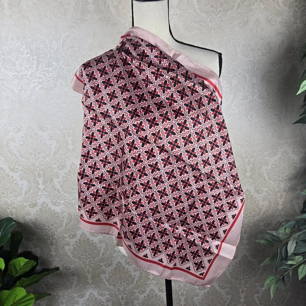 Gena’s Pride 100% Acetate Pink, Black and Red Patterned Square Scarf Vintage